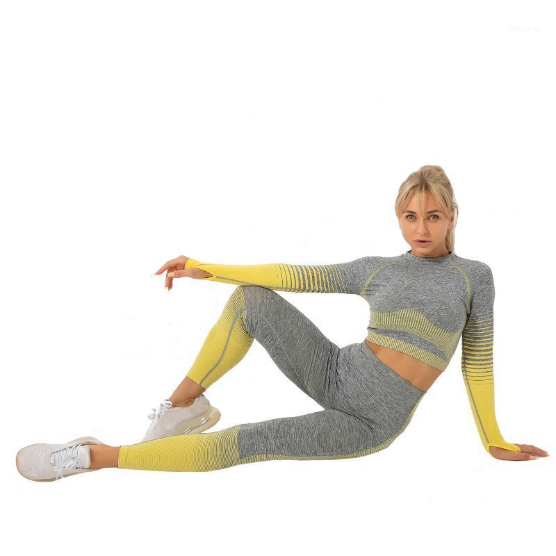 

3Pcs Women Yoga Suit Seamless Sportswear Set Long Sleeve Bra Pant Workout Tracksuit Gym Legging High Waisted Yoga Pants 20211, Gray orange