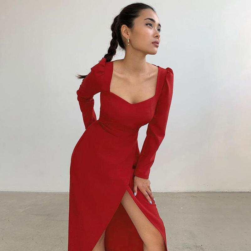 

Elegant Black Red Dress Women Long Sleeve Square Collar Puff Sleeve Dresses Bodycon Sexy Split Slim Party Club Dresses Vestidos1