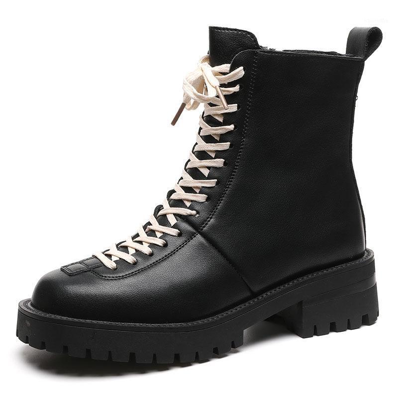 

2021 Autumn Early Winter Boots Women Genuine Leather Shoes Thick Sole Non-slip Fashion Ladies Ankle Boots Black A28761, Black white lace