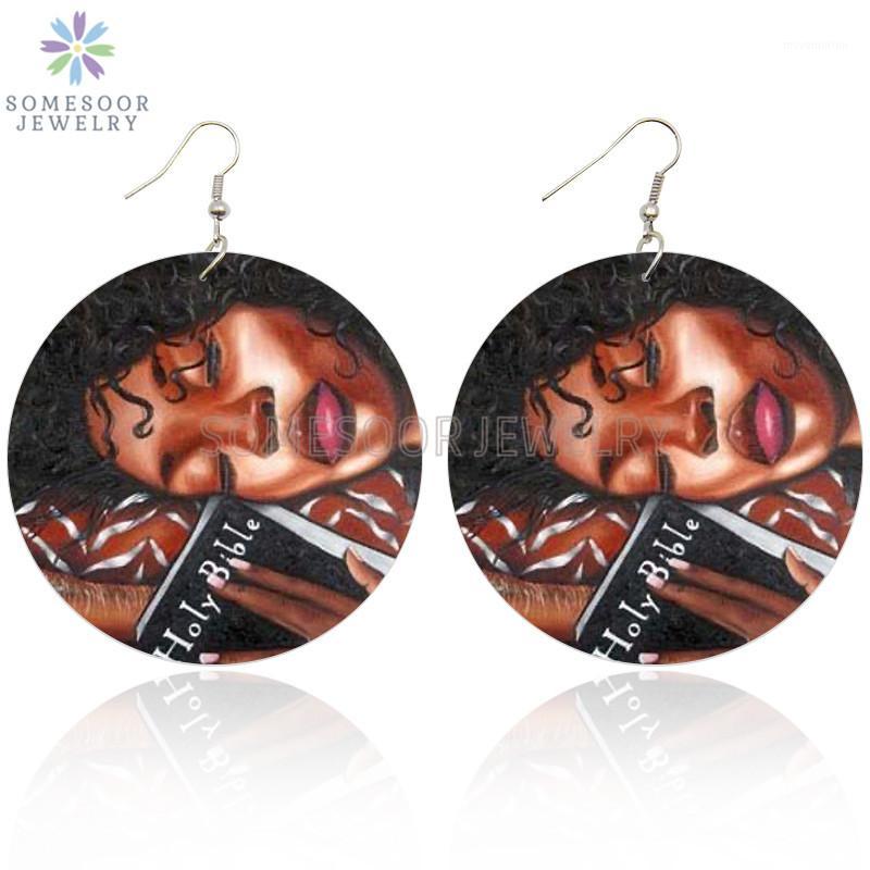 

SOMESOOR Educated Black Girl African Wooden Drop Earrings Melanin Arts Printed Wood Round Pendant Dangle Jewelry For Women Gifts1