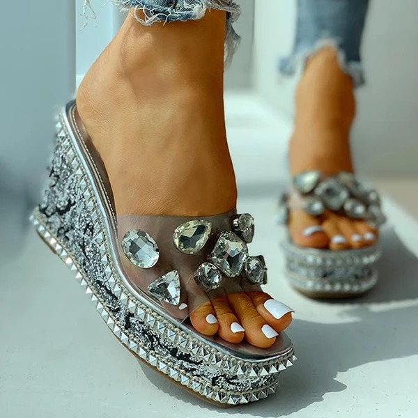 

2021 New Summer Women Platforms Peep Toe Wee Shoes Woman Slippers Bling Crystal Muffin Bottom Clear High Heels Sandals Xi6c, Gold