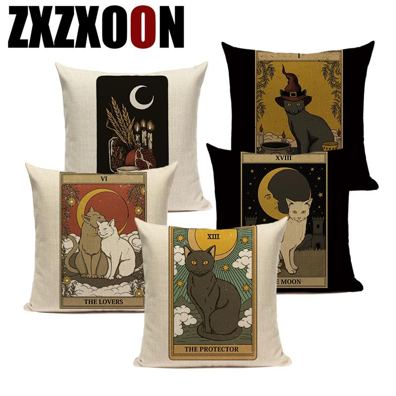 

Animals Cat Dog Tarot Divination Cotton Linen Pillows Cover Cojines Decorativos Para Sofa Cushion Cover Home Decor Pillowcase