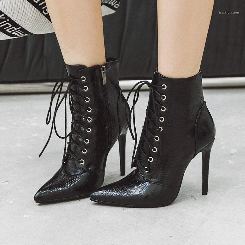

2021 Faux Leather Women Boots Autumn High Heel Ankle Boots Pointed Toe Lace Up Zipper Fashion Women Fur Plush Winter1, Black