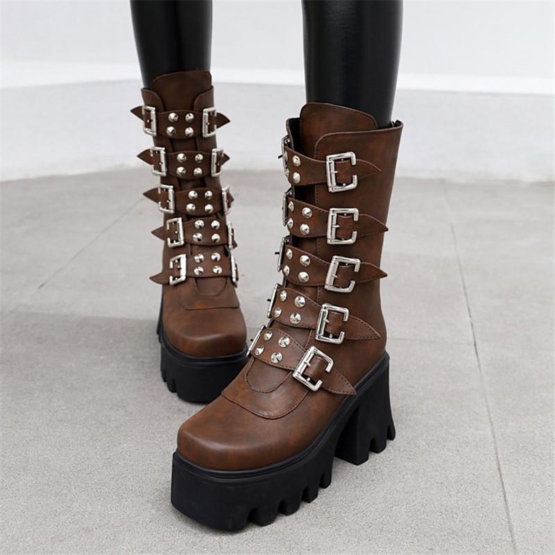 

PXELENA Size 34-45 Street Punk Rock Gothic Platform Combat Boots Women Buckle Rivet Chunky Block High Heels Motorcycle Creepers1, Brown