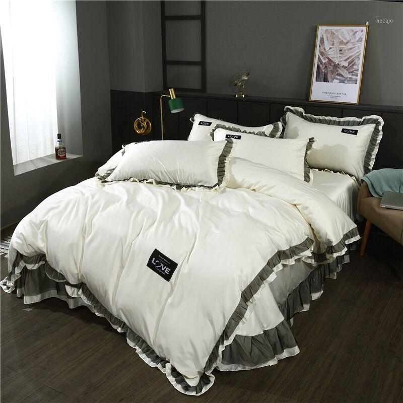 

Lace Imitation Silk Bedding Set Solid Smooth Duvet Cover Bed Sheet Linen Pillowcases White Wedding Home Textile Queen1