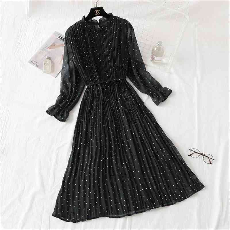 

Pleated Chiffon Dress Spring Summer Flare Sleeve Lotus Leaf Neck Basic Dresses, Black;gray