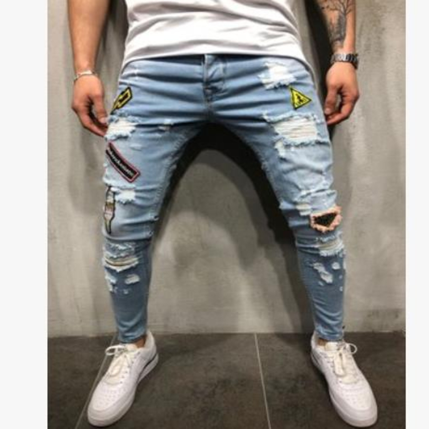 

Mens ny jeans Casual Slim Biker Denim Knee Hole hiphop Ripped Washed High quality fashion multiple choic, Blue
