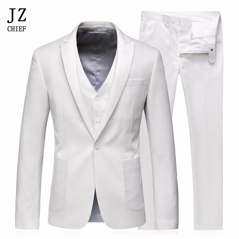

JZ CHIEF Wedding Suits For Men 3 Piece Groom Suit White Suit With Pants Vest Slim Fit Casual One Button Prom Blazer Big Size 5XL