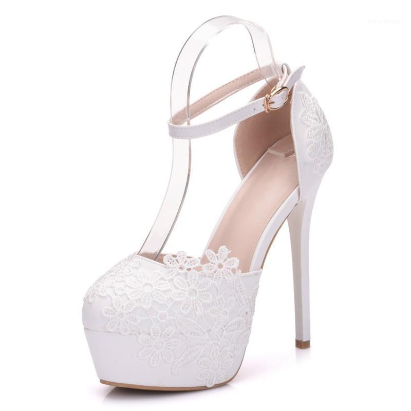

14cm Women Lace Flowers Wedding Shoes White Lace Bridal Shoes Wedding Large Size 40 41 Womens High Heels Show Party Pumps1