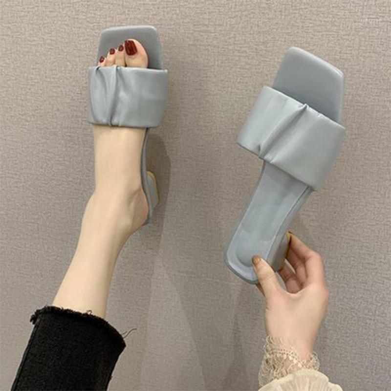 

2020 Hot Women Slippers Summer Slides Low Heels Woman Open Toe High Heels Female Fashion Square Toe Footwear Ladies Casual Shoes1, Green