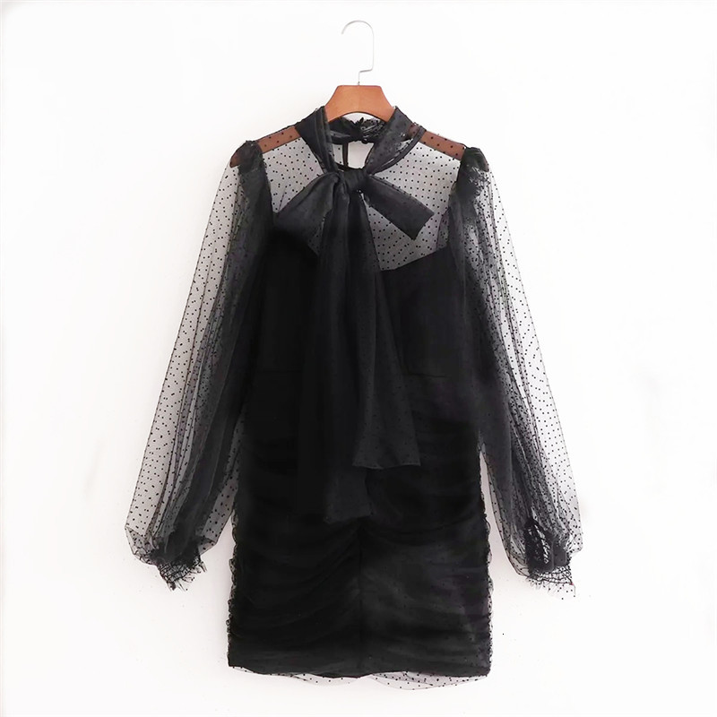 

New Black Dotted Tulle Mesh Party Dresses for Women 2021 See Through Long Sleeve Mini Woman Chic Bow Prom Sexy Dress B27h