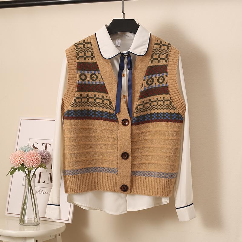 

2021 Korean Style V Neck Single Breasted Buttons Knitted Sleeveless Vest Sweaters Women Vintage Solid Colors Waistcoat Autumn, Khaki
