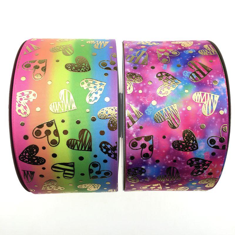 

2020 New design 100 yards 75mm 3" Valentine's day heart grosgrain hologram gold printed with heat transfer ribbon