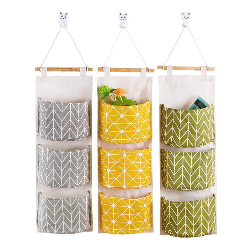 

3PCS Cotton Linen Storage Hanging Bag Cloth for Wardrobe Door Behind Debris Organizer 3 Pockets Home Decor Wall Hanger Holders