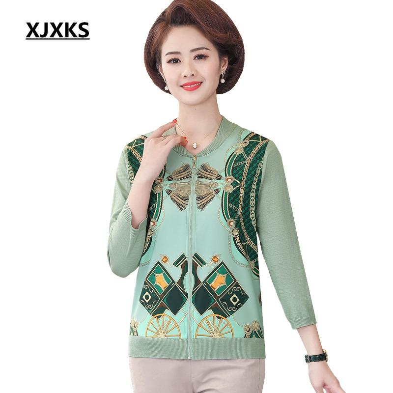

XJXKS Knitted Cardigans Spring Autumn Cardigan Women Casual Long Sleeve Tops Zipper Print Women Sweater Coat 9 Point Sleeve, Green