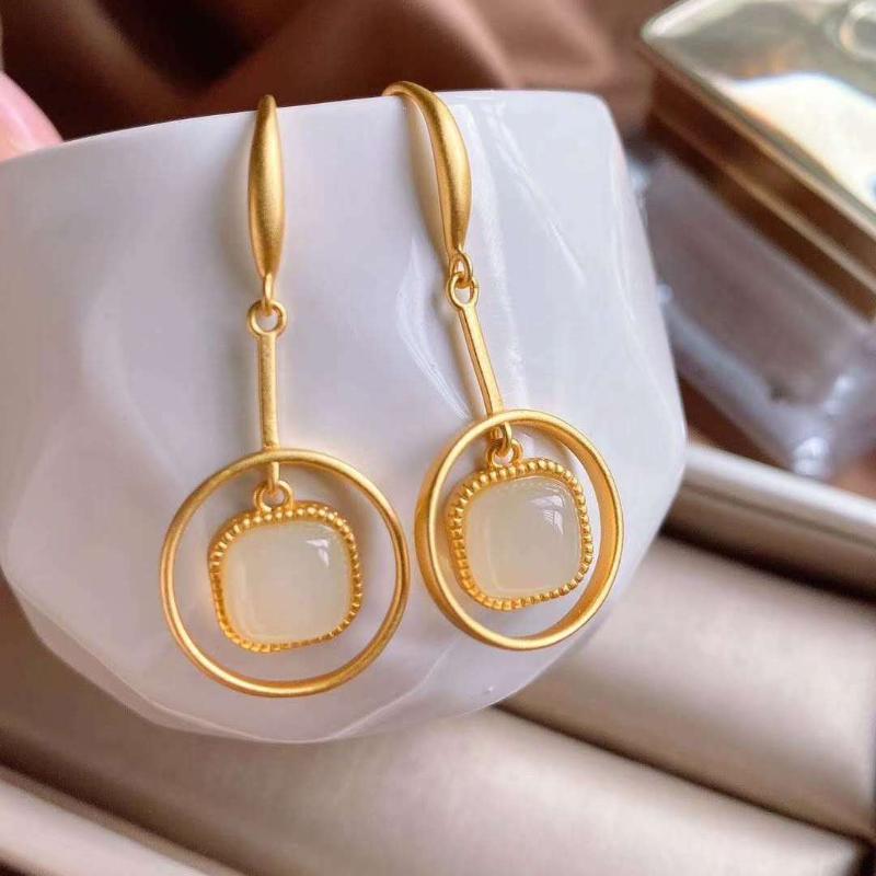 

Natural Hetian white jade geometric long pendant necklace Chinese style retro unique ancient gold craft women's silver jewelry