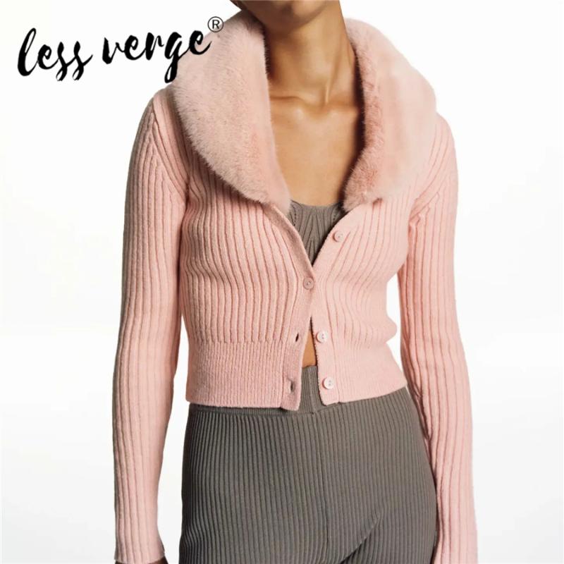 

Lessverge 2020 New Women Sweater Knitted Slim Fit Single Breasted Button Fur Collar Casual Streetwear Chic Female Cardigan, Pink