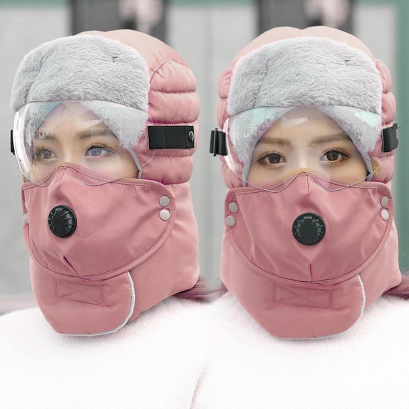

Winter Thermal Bomber Hats Ski Cap Detachable Mask Hats Velvet Thicken Hat Men Women Ear Protection Eye protection Goggles Hat, Black