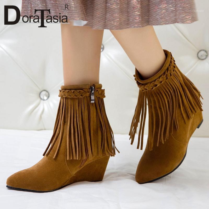 

DORATASIA Plus Size 32-48 New Ladies Wedges High Heels Ankle Boots Fashion Pointed Toe Fringe Boots Women Party Shoes Woman1, Apricot