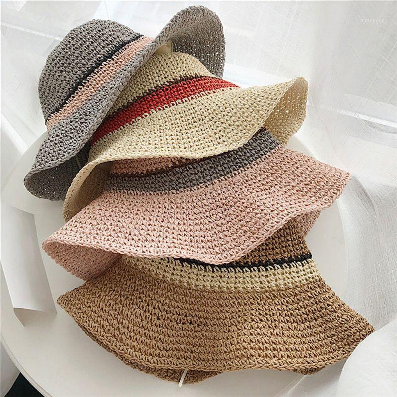 

EDCRFV 1PC Womens Handmade Crochet Straw Beach Sun Hat Stripes Adjustable Packable Wide Brim Sunscreen Holiday Bucket Caps1, Gray