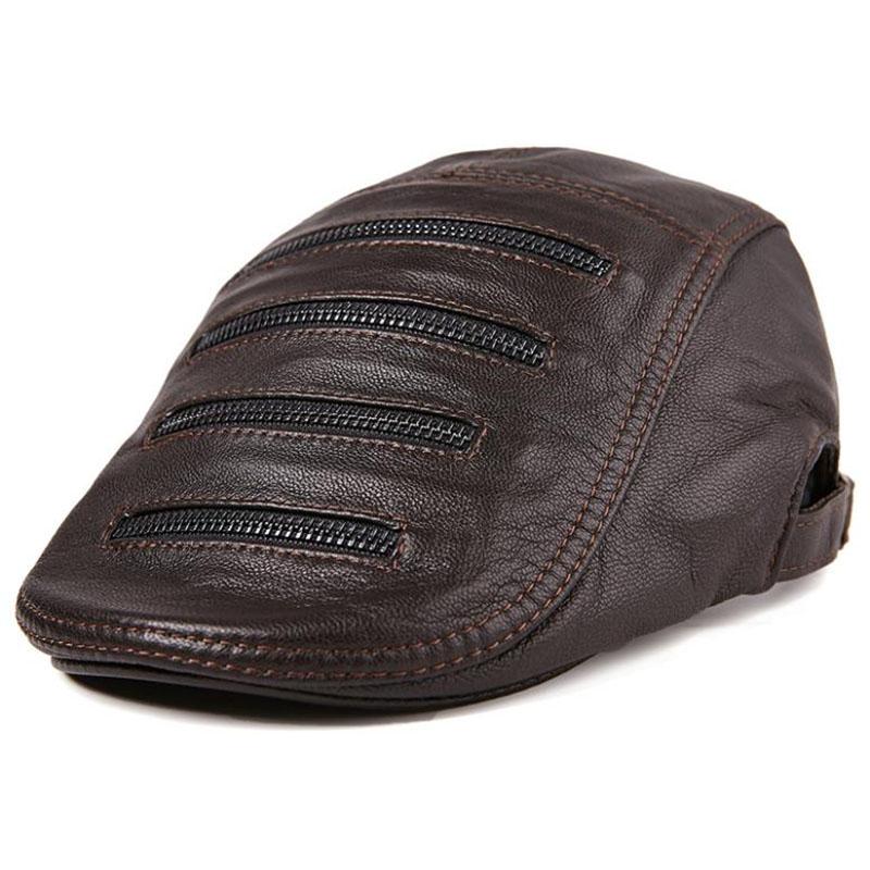 

T-MAC men Beret Hat Real Leather Flat Cap Sheepskin Autumn Winter Male Brown Adjustable High Quality Gatsby Mens Beret Caps, As shown