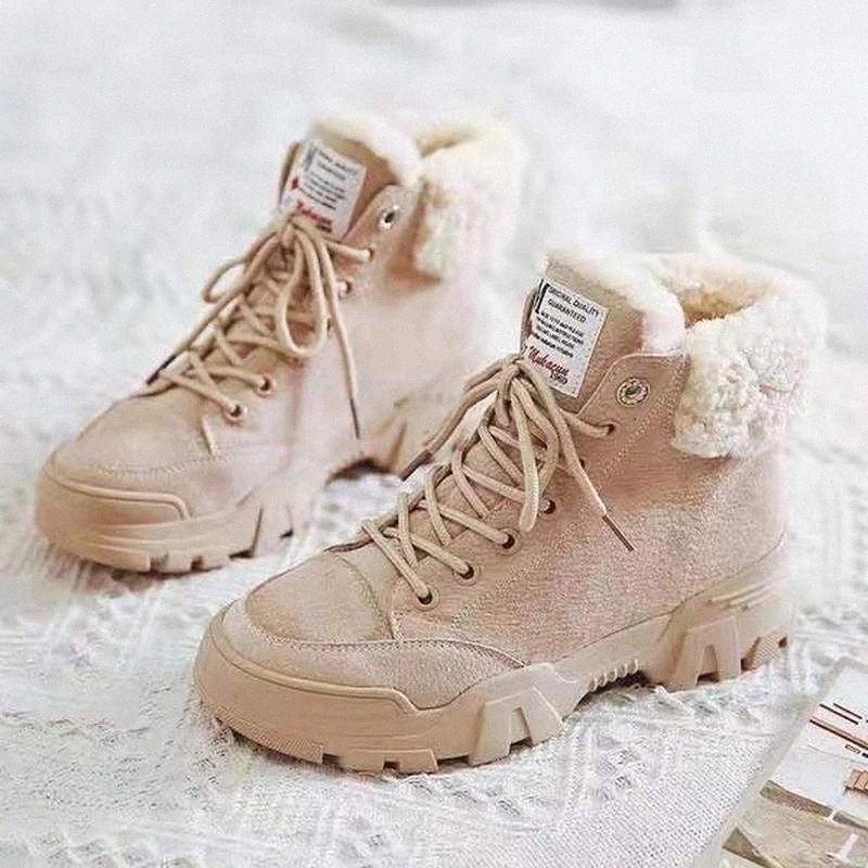 

women snow boots beige plush warm fur causal boots shoes sneakers ankle booties platform thick sole lace up winter shoes #Mi6I, Black
