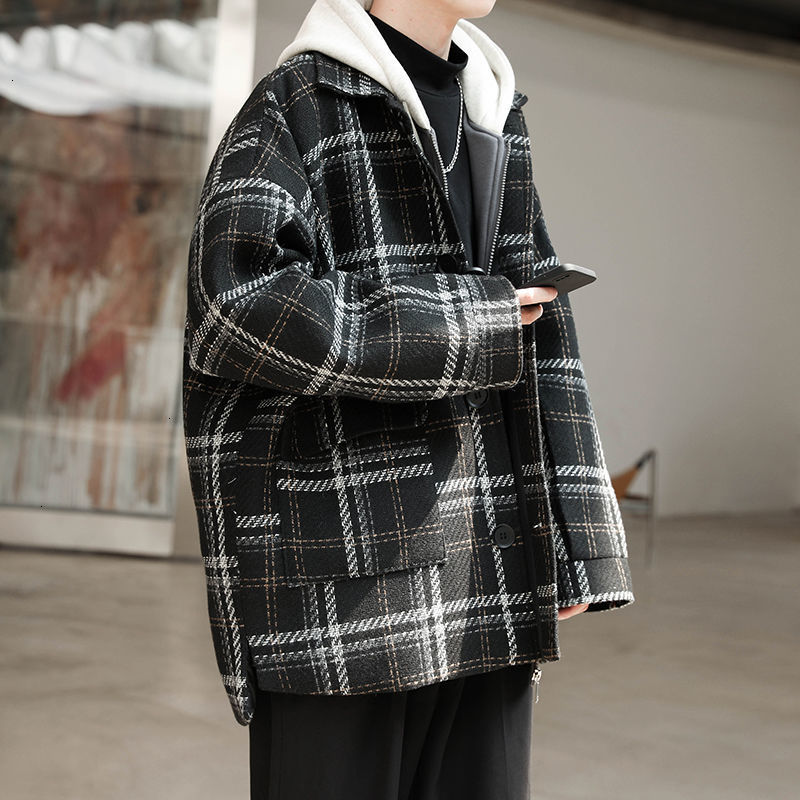 

2021 New Winter New Men's Woolen Plaid Printed Korean Streetwear Woman Fashion Warm Black Coat Windbreaker KD2J, Blackplaid