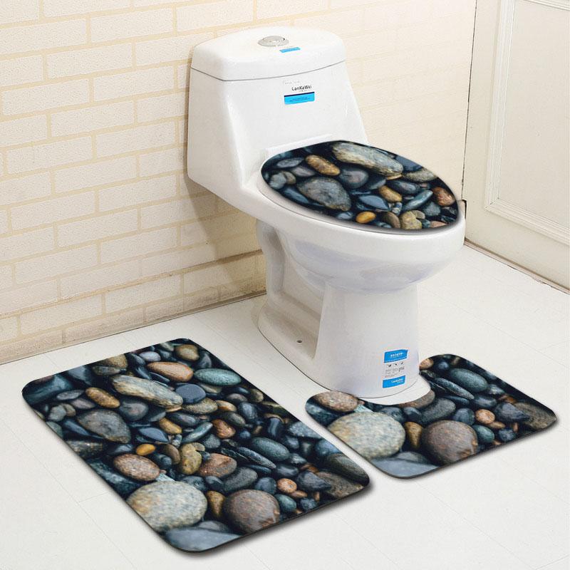 

3PCS Stone Flannel Absorbent Non-Slip Bathroom Toilet Mats Set Bath Rugs Toilet Covers