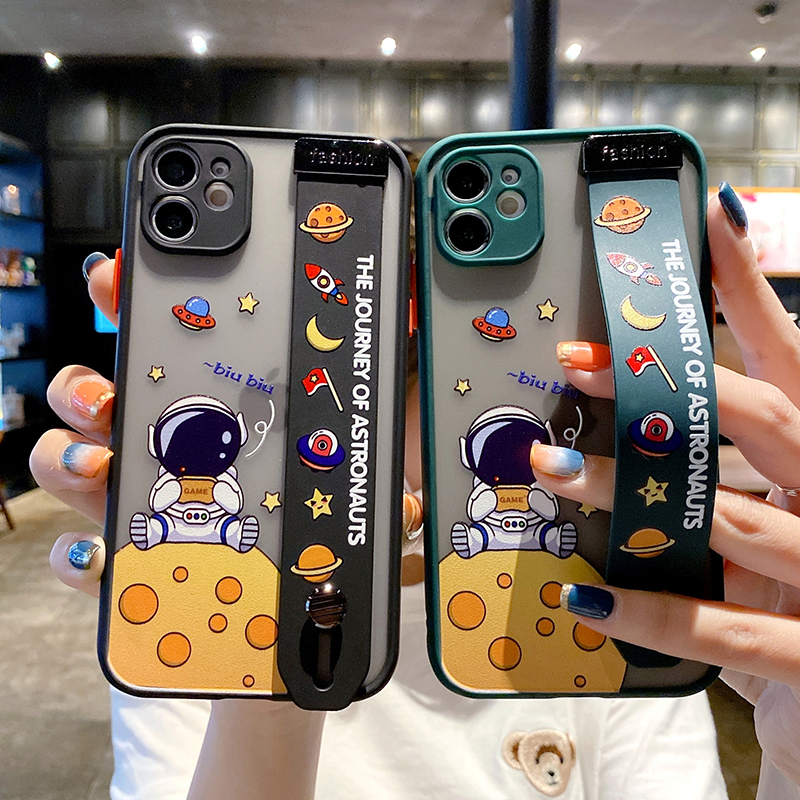 

Cute Cartoon Space Astronaut Wrist Band Bracket Phone Cases For iPhone 13 12 11 Pro Max XR XS X 6 7 8 Plus Matte Hard Back Cover