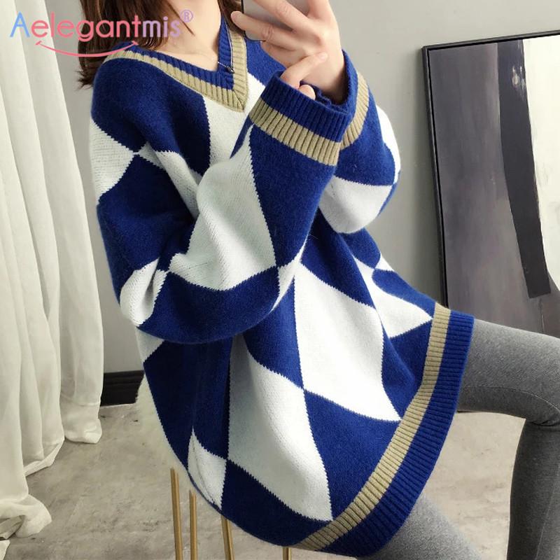 

Aelegantmis Argyle V Neck Oversize Women Sweater 2020 Autumn Clothes Korean Loose Long Vintage Sweater Knitted Ladies Pullover, Gray