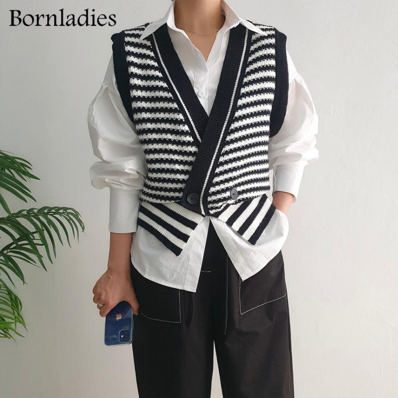 

Women's Knits & Tees Bornladies 2022 Spring Autumn Women Sweaters Striped Sleeveless Vest Waistcoat Knitted Vintage Wild Tops Stylish Cardig, White