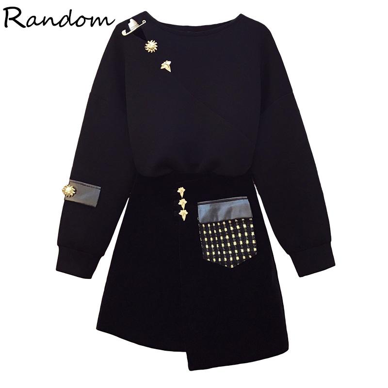 

Women Autumn Winter Runway Skirt Suit Female Rivet Top and Skirt Two Piece Set Ladies Elegant Matching Black Plus Size Outfits