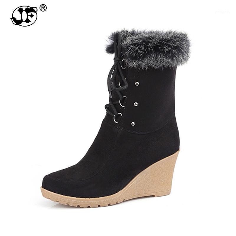 

Boots 2021 Fashion Lace Up Half Knee High Heels Wedges Spring Autumn Shoes Fur Uppers Platform Winter Boots91, Black