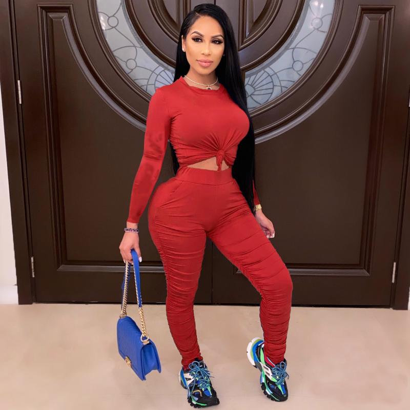 

Autumn Solid Two Pieces Running Sets Women Sportswear Long Sleeve O Neck Top High Waist Pleated Trousers Female Workout Set, Black