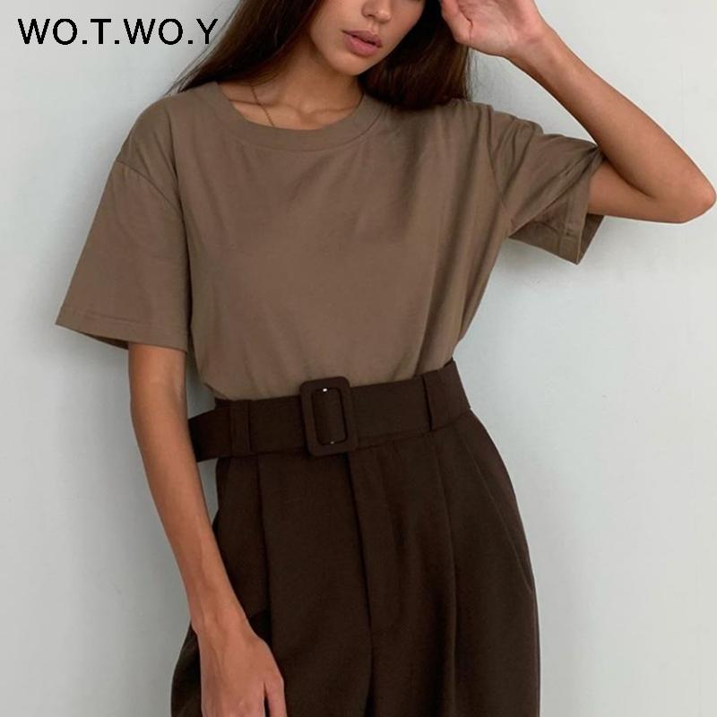 

WOTWOY Summer Knitted Basic Solid T-shirt Women Casual Cotton Short Sleeve Tee-Shirts Female Tops Women 2020 New Fashion S-XL, Wt20022black
