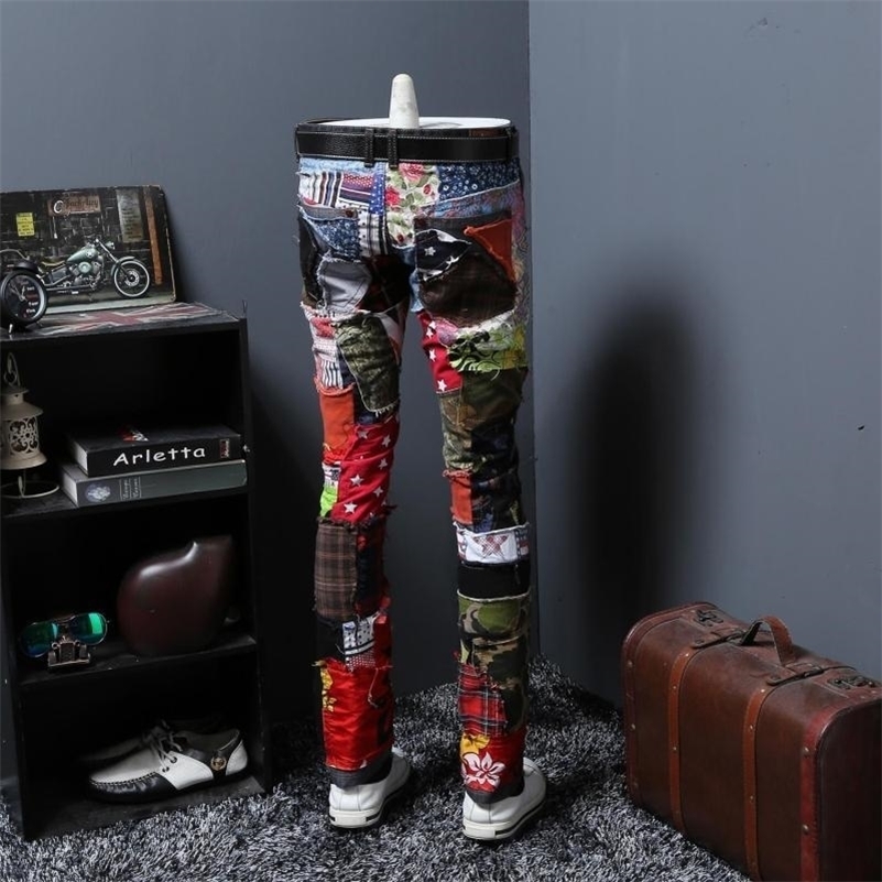 

Autumn Split Joint Personality Leisure Time Jeans Male Beggar Pants Long Pants Trend Directly Canister Self-cultivation Youth 201111, Flower colour