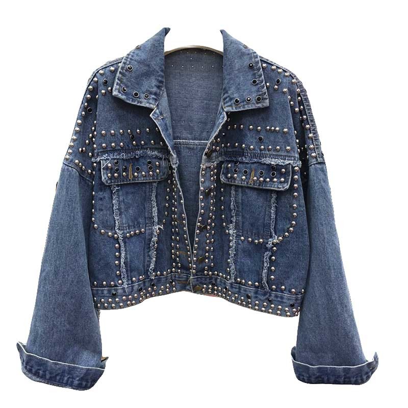 

2021 New Tow Diamonds, Beads Women Denim Single Jacket, Breasted Button Spring Fall Fashion Jeans Outwear TMNZ, Black
