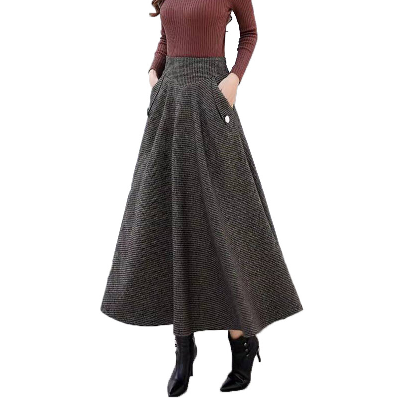 

2021 Autumn High Waist Women's Skirts Burned Vintage Woman's Casual Stripe with Pocket Skirt of Wool R396 Utz8, Coffee grid.