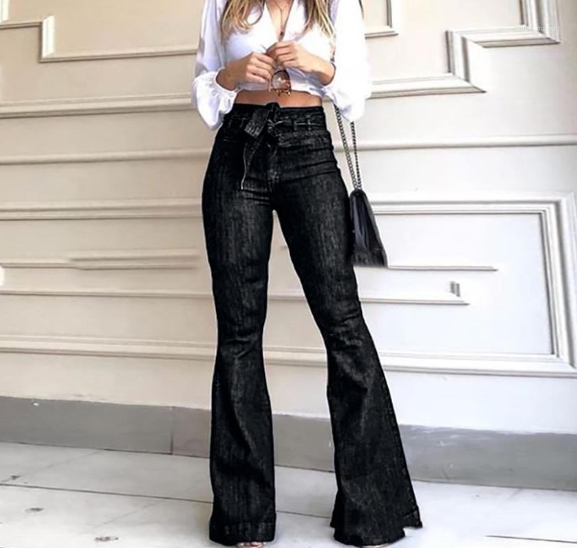 

autumn high waist flares women' jeans trousers lace up female full length boot cut pants denim elegant1, Black