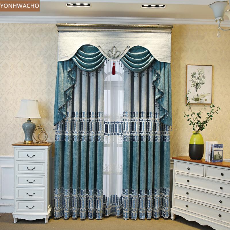 

Custom curtain European embroidery fabric luxury living room chenille blue cloth blackout curtain valance tulle panel C456