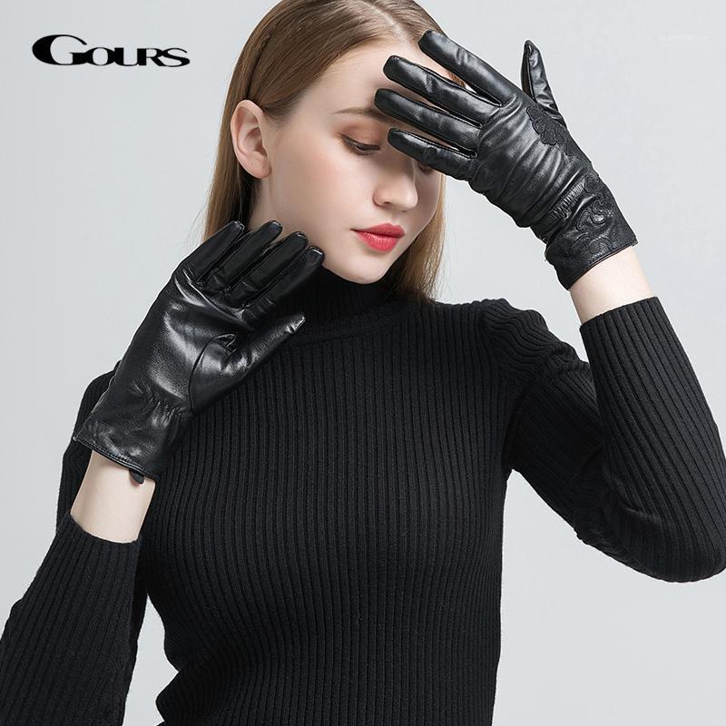 

GOURS Genuine Leather Gloves for Women Fashion Black Real Goatskin Winter Gloves Wool Lining Warm Embroidery New Arrival GSL0551