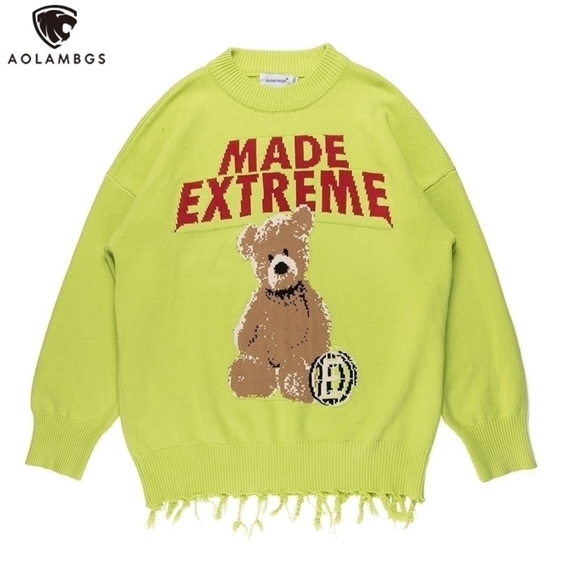 

Aolamegs Sweater Men Hit Color Cartoon Bear Tassel Knitted Pullover Men O-neck Harajuku High Street Autumn Men Streetwear Couple 201201, Green