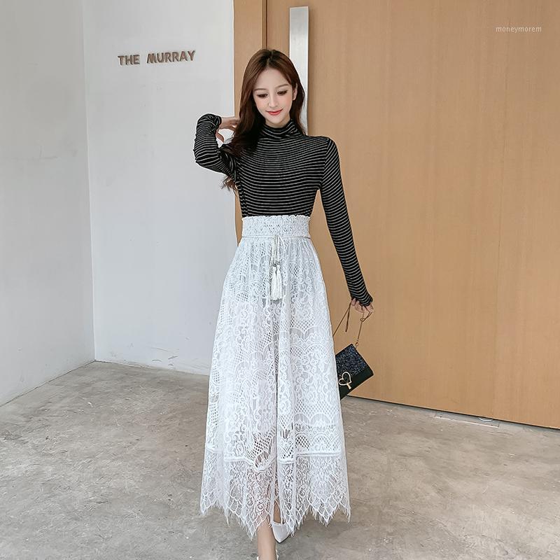 

Lace Long Skrits For Women High Waist Faldas Mujer Moda 2020 Solid Falda Lentejuelas Casual Bandage Skirt1, Black