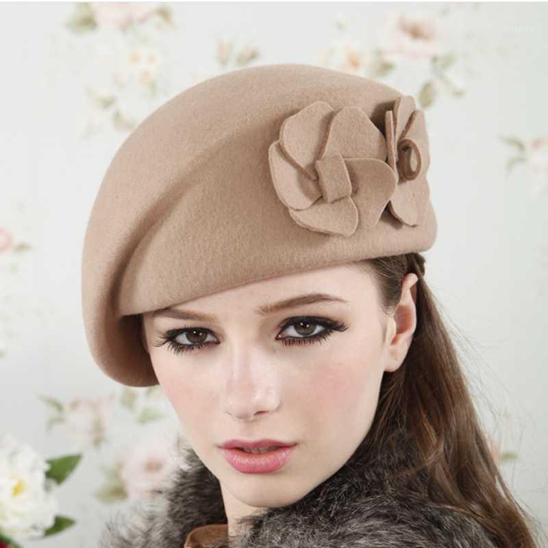 

Berets Beret Winter Women Felt Floral French Beanie Fedora Hat Flower1, Camel
