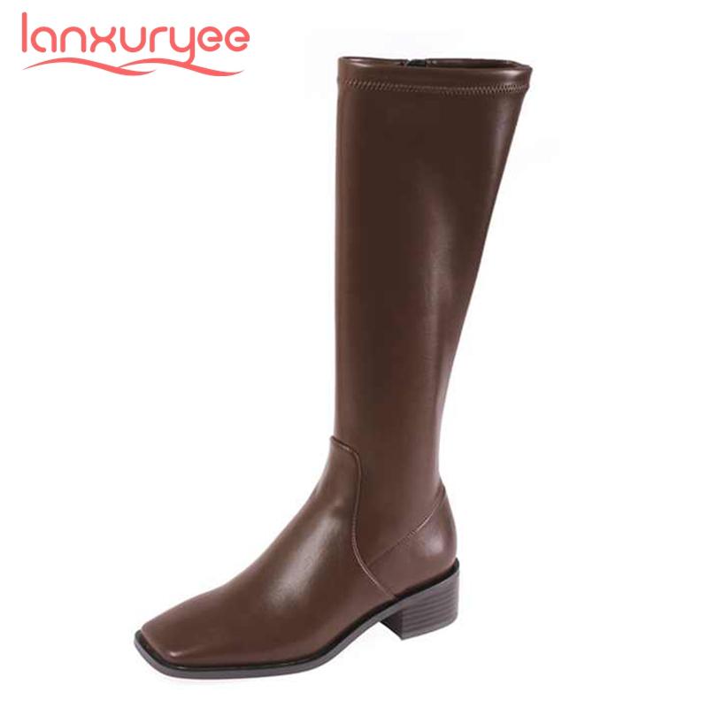 

Lanxuryee equestrian boots genuine leather classic colors high quality square toe thick med heel zipper soft knee high boots L27, Black