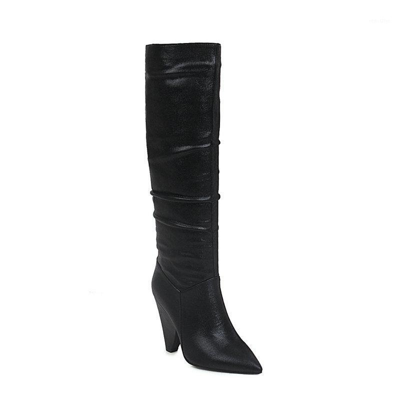 

2021 New Stretch PU Leather Knee High Boots Pointed Toe Square High Heels Autumn Winter Fashion Zipper Women Shoes Size 34-431, Black