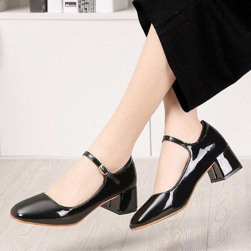 

2021 Spring And Autumn Office Lady Shoes Patent Leather Chunky Heels Single Shoes Shallow Ladies Black Mary Janes 34C58