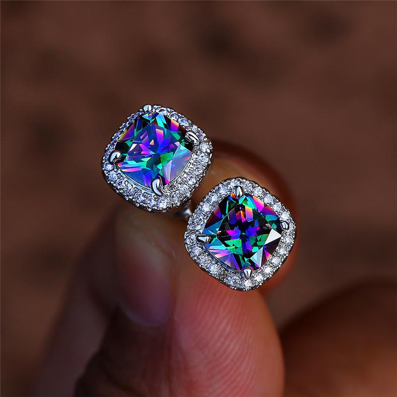 

Crystal Female Rainbow Stone Screw Stud Earrings Vintage Silver Color Zircon Wedding Earrings For Women