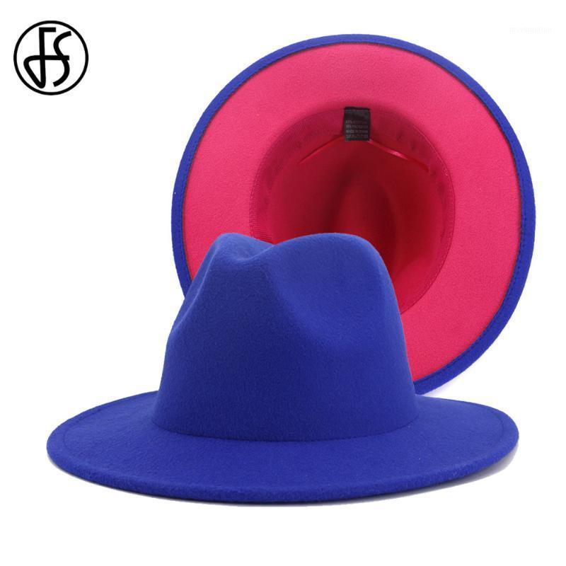 

FS Royal Blue Rose Patchwork Wool Felt Jazz Fedora Hat Women Unisex Wide Brim Panama Party Trilby Cowboy Cap Men Gentleman Hats1, Royal blue and rose