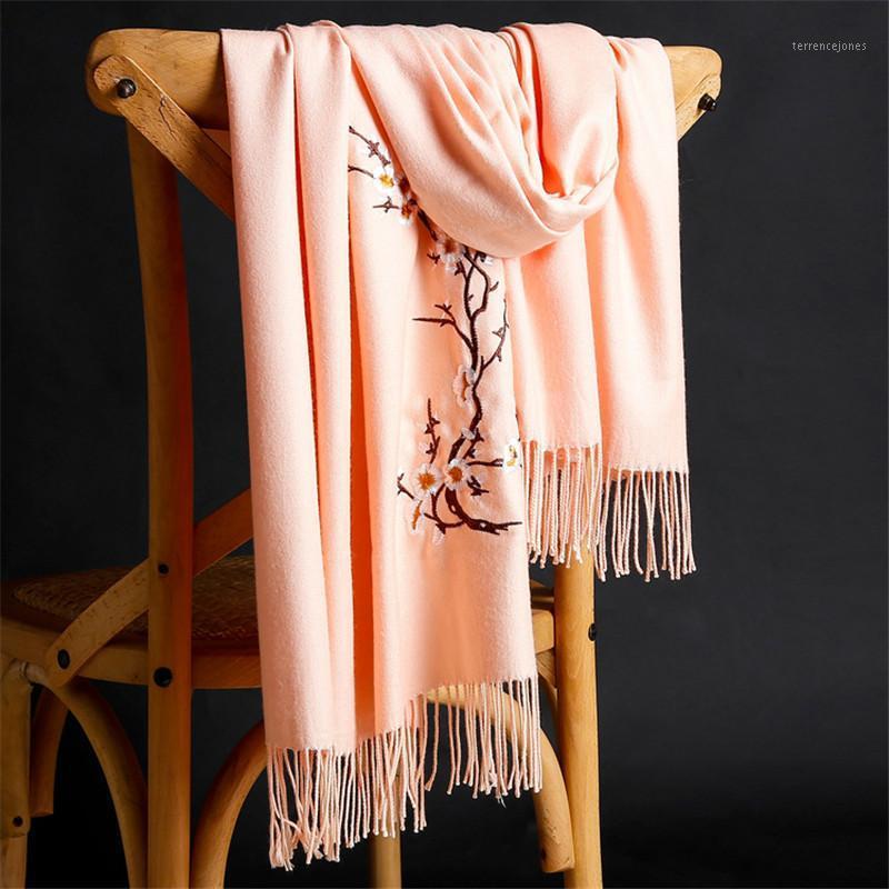 

Scarves RUNMEIFA 2021 Winter Warm Solid Cashmere High Quality Flower Embroidery Tassels Women Thicken Wraps Shawls1